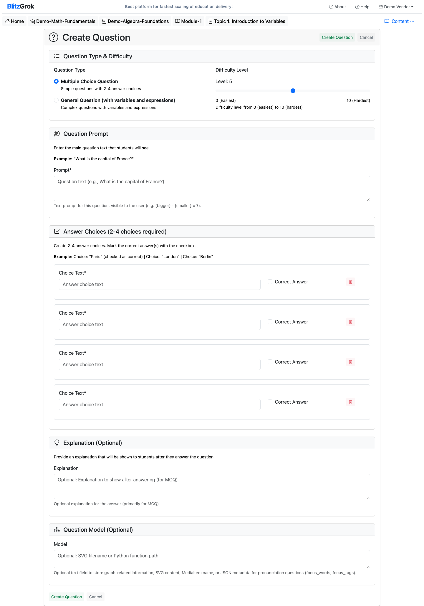 Multiple choice question create form