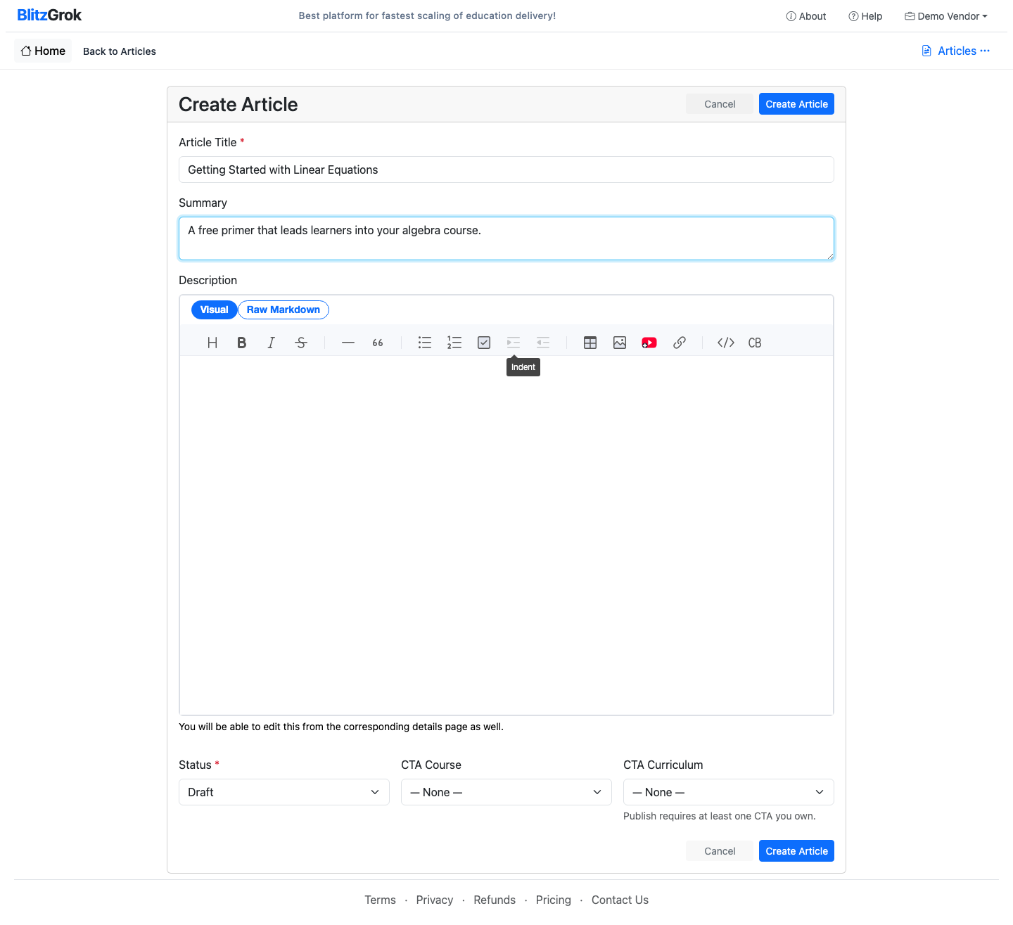 Create Article form with title, summary, and description editor