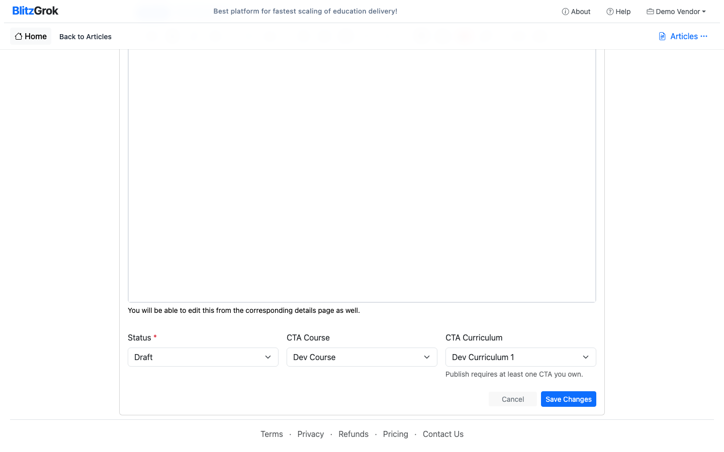 Status and CTA Course / CTA Curriculum fields on the article form