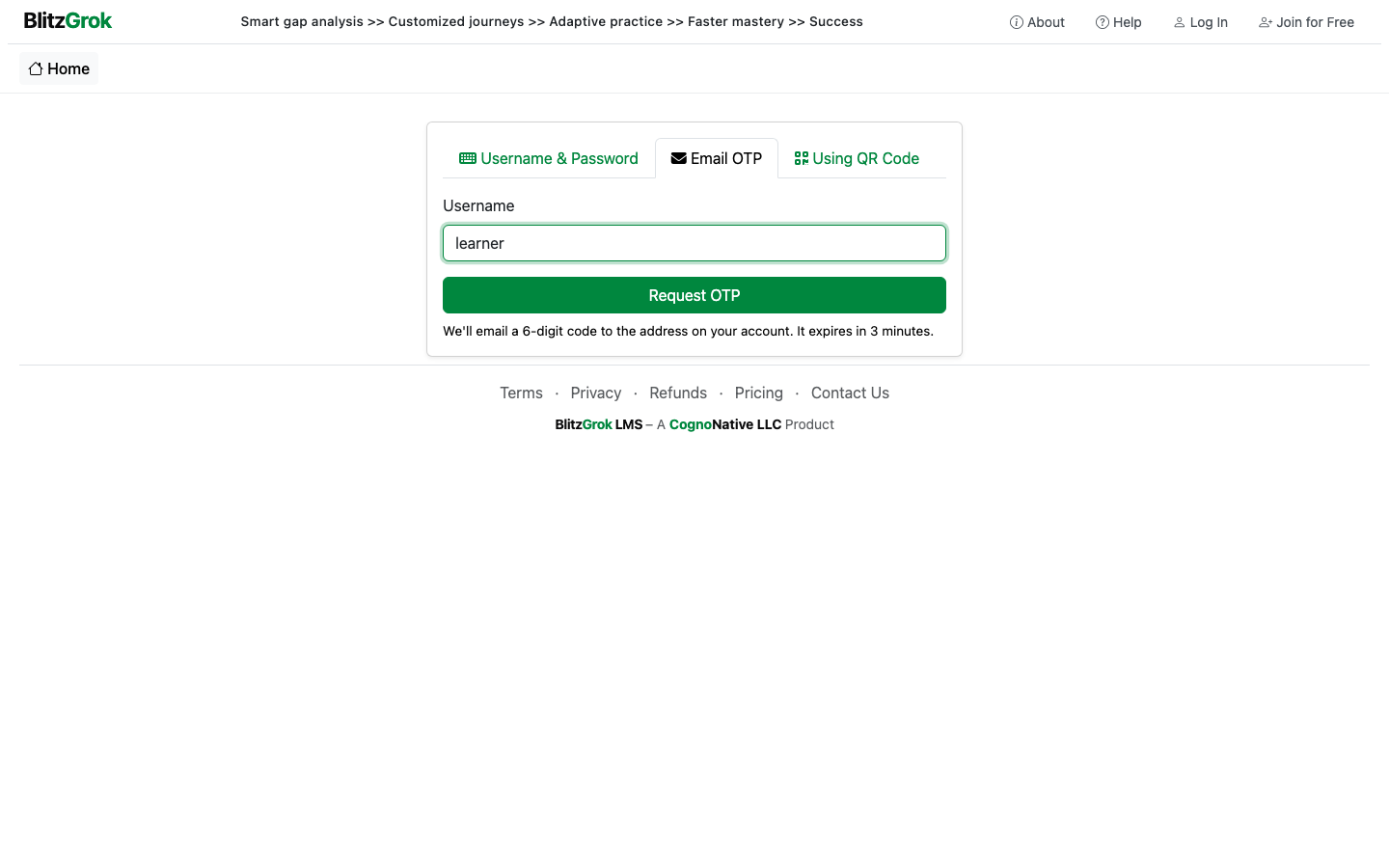 Email OTP request form with username field